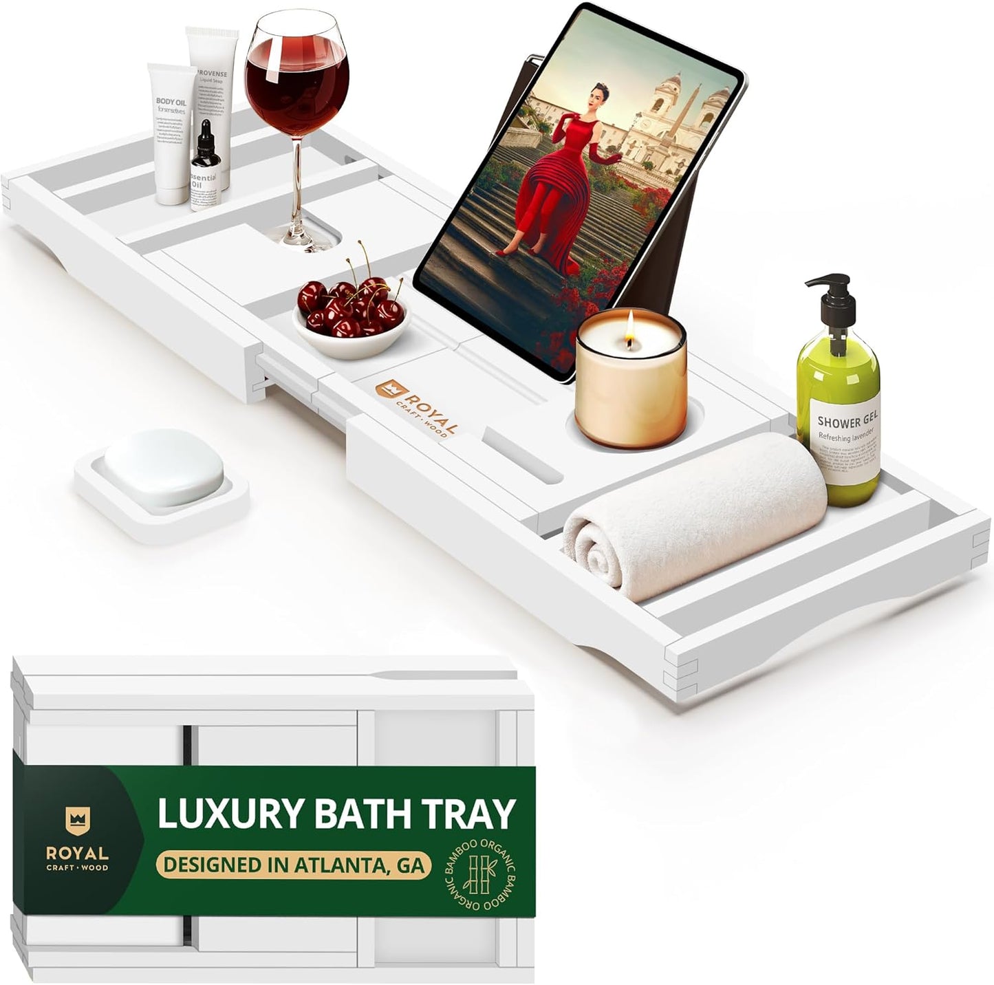 Premium Foldable Bathtub Tray - Wood Bath Tray for Tub, Bamboo Shelf, Expandable Bath Table Trays, Bathtub & Bathroom Accessories for New Home & Mothers Day & Birthday Gifts for Mom