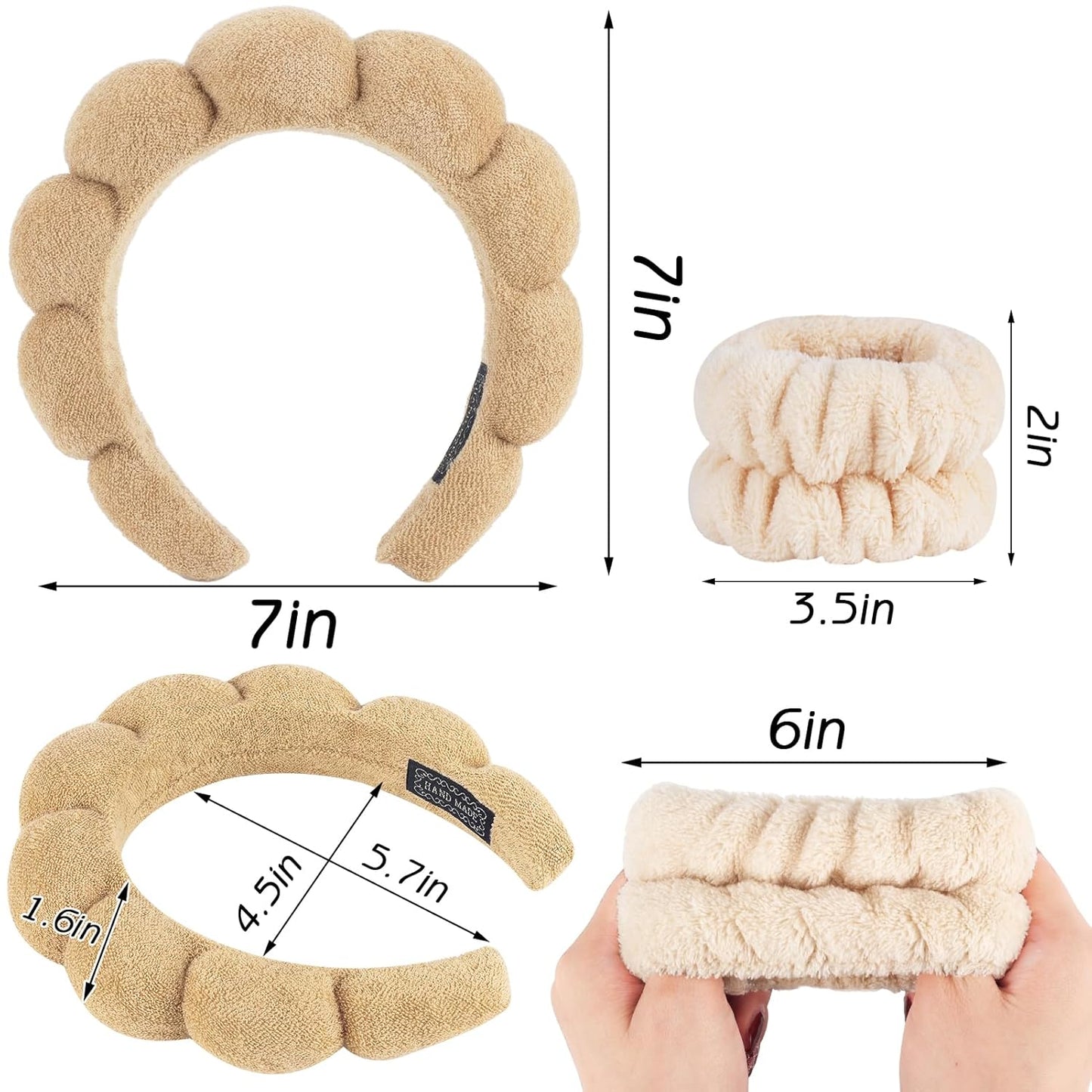 4Pcs Spa Headband for Washing Face Wristbands Set Women Bubble Skincare Makeup Sponge Terry Cloth Padded Puffy Headband Bow Tie Hairband Cute Non Slip Thick Hair Accessory Gifts(Brown)