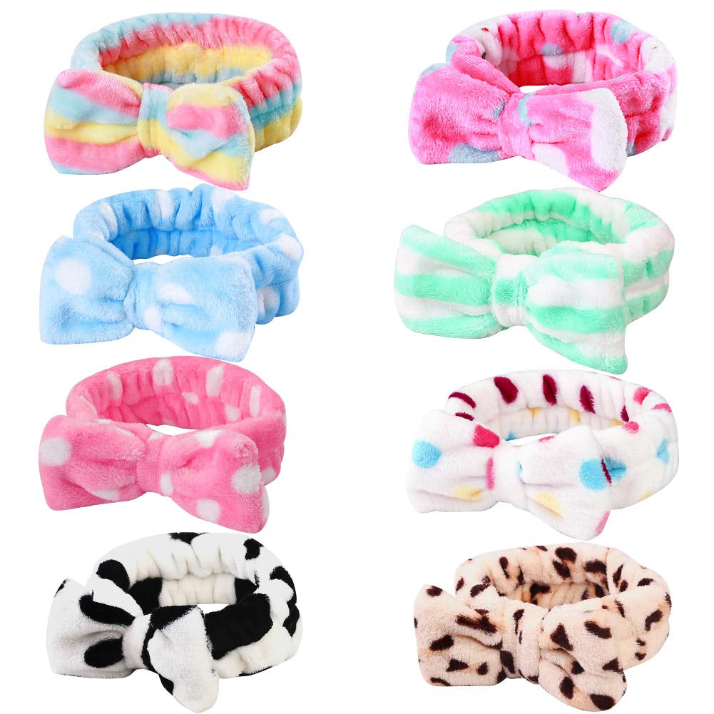 8 Pack Spa Headband, Coral Fleece Makeup Cosmetic Headband for Washing Face, Bow Headbands for Shower Terry Cloth Headbands for Women Facial Hair Band