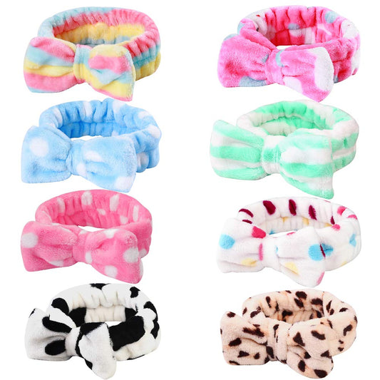8 Pack Spa Headband, Coral Fleece Makeup Cosmetic Headband for Washing Face, Bow Headbands for Shower Terry Cloth Headbands for Women Facial Hair Band