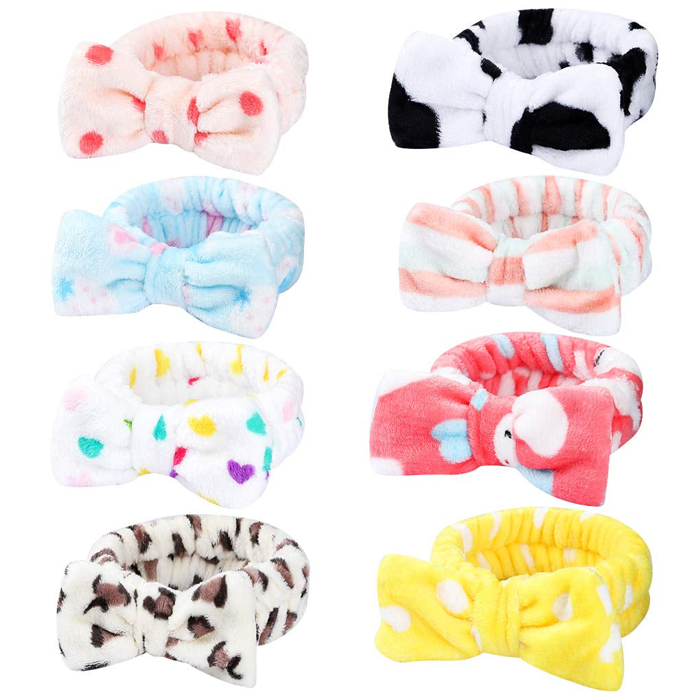 8 Pack Spa Headband, Coral Fleece Makeup Cosmetic Headband for Washing Face, Bow Headbands for Shower Terry Cloth Headbands for Women Facial Hair Band