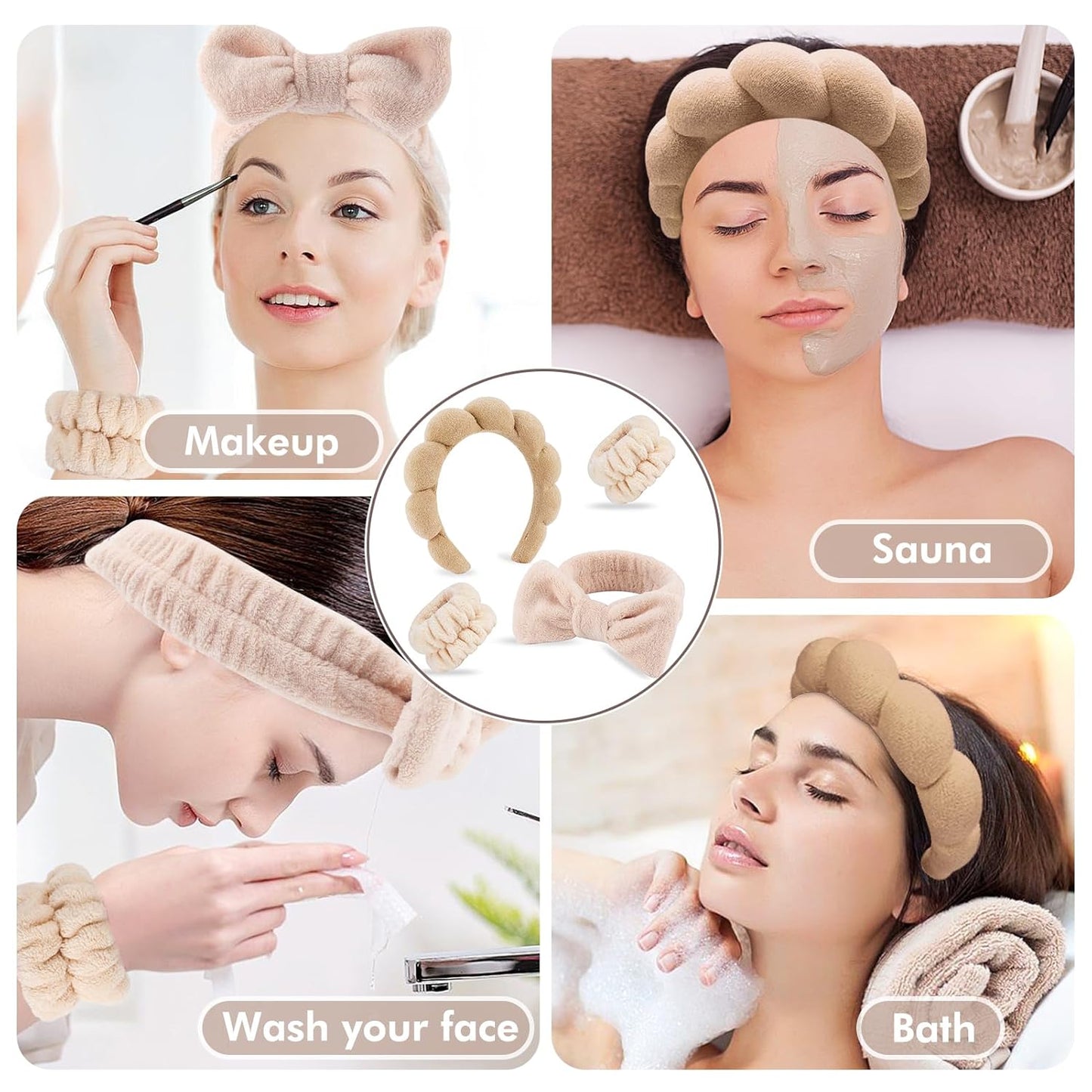 4Pcs Spa Headband for Washing Face Wristbands Set Women Bubble Skincare Makeup Sponge Terry Cloth Padded Puffy Headband Bow Tie Hairband Cute Non Slip Thick Hair Accessory Gifts(Brown)