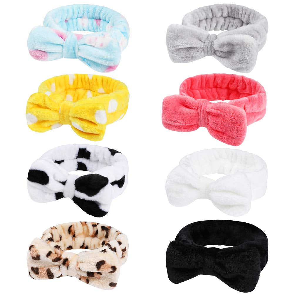 8 Pack Spa Headband, Coral Fleece Makeup Cosmetic Headband for Washing Face, Bow Headbands for Shower Terry Cloth Headbands for Women Facial Hair Band