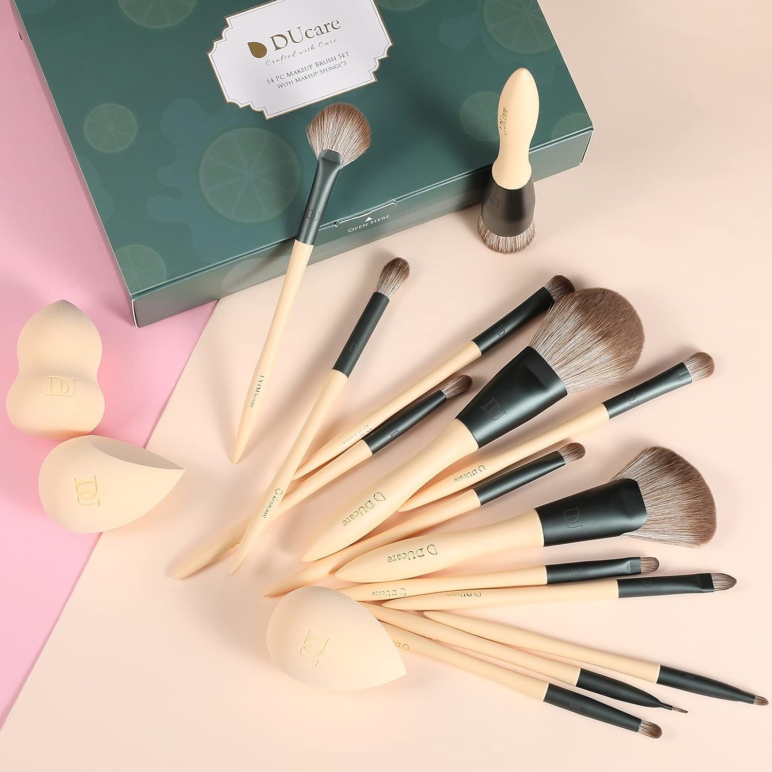 Makeup Brushes 14Pcs with 3Pcs Makeup Spong & Cosmetic Bag - Lime Mojito Series Makeup Brush Set for Foundation Blending Face Powder Blush Concealers Eye Shadows