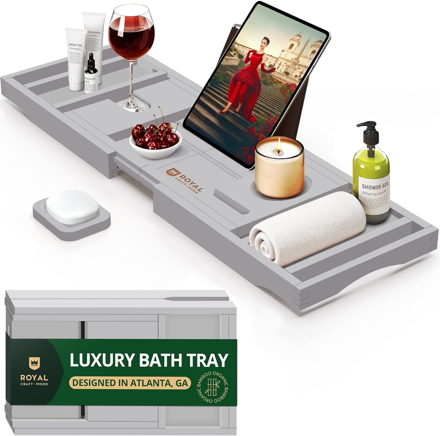 Premium Foldable Bathtub Tray - Wood Bath Tray for Tub, Bamboo Shelf, Expandable Bath Table Trays, Bathtub & Bathroom Accessories for New Home & Mothers Day & Birthday Gifts for Mom