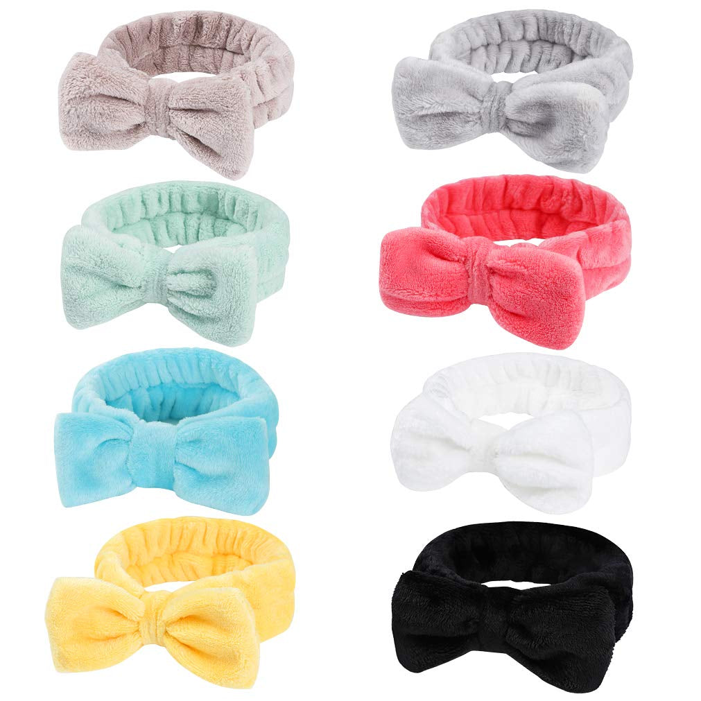 8 Pack Spa Headband, Coral Fleece Makeup Cosmetic Headband for Washing Face, Bow Headbands for Shower Terry Cloth Headbands for Women Facial Hair Band