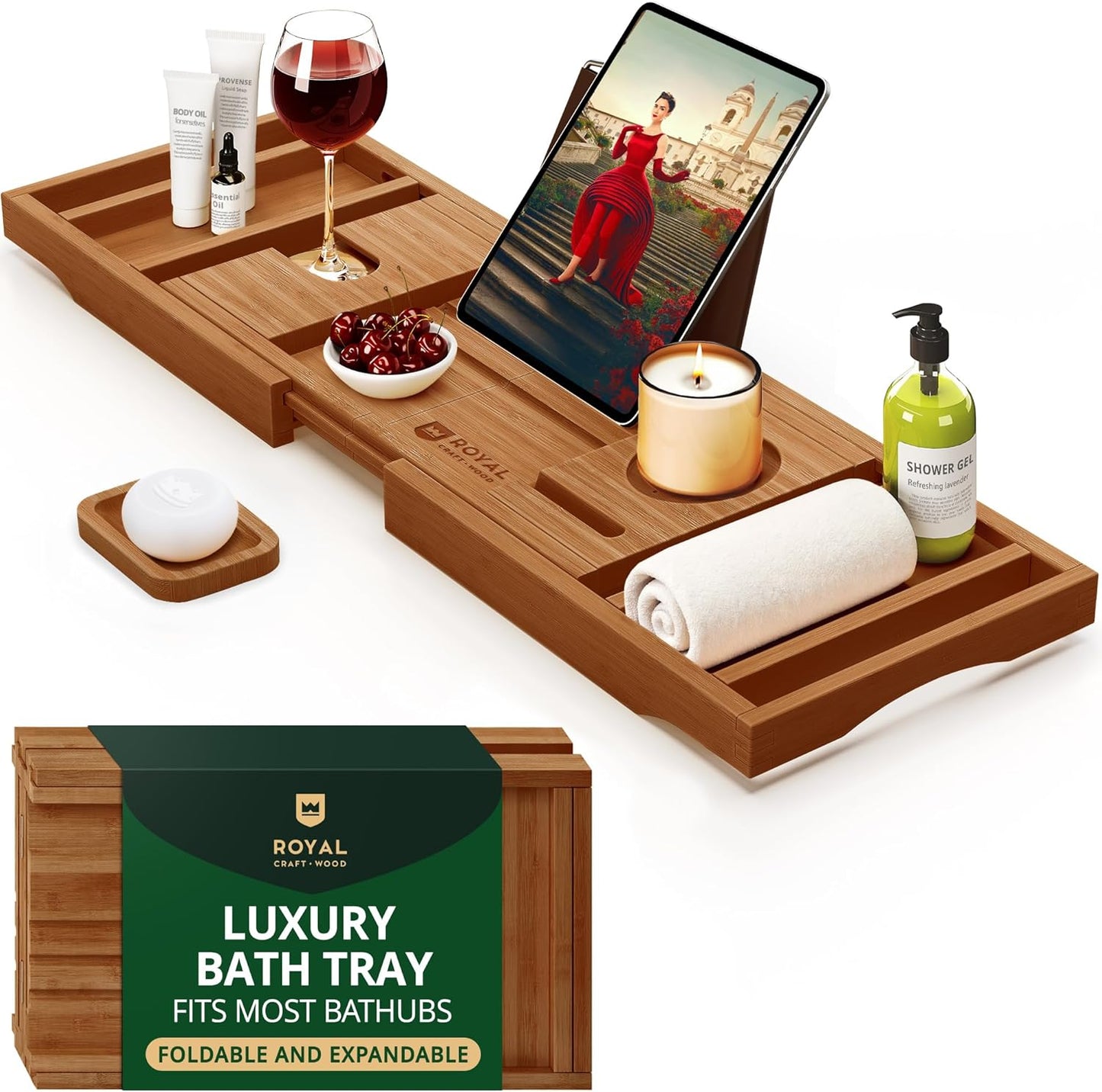 Premium Foldable Bathtub Tray - Wood Bath Tray for Tub, Bamboo Shelf, Expandable Bath Table Trays, Bathtub & Bathroom Accessories for New Home & Mothers Day & Birthday Gifts for Mom