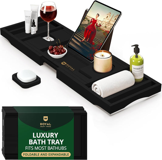 Premium Foldable Bathtub Tray - Wood Bath Tray for Tub, Bamboo Shelf, Expandable Bath Table Trays, Bathtub & Bathroom Accessories for New Home & Mothers Day & Birthday Gifts for Mom